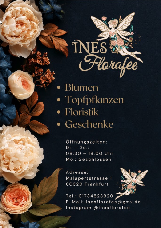 Dunkler Flyer von INES Florafée mit Fee, den Leistungen Blumen, Topfpflanzen, Floristik und Geschenke sowie Öffnungszeiten und Kontakt.